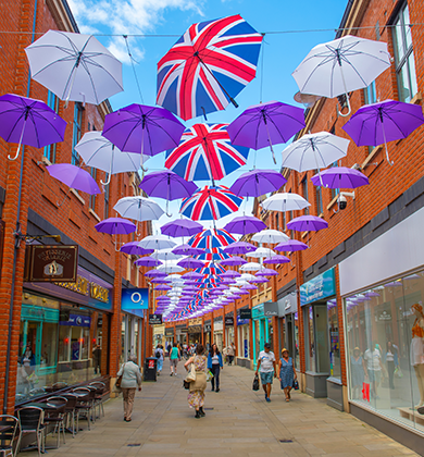 Street with hanging umbrellas, Durham